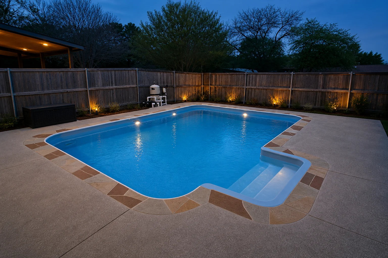Finished medium-blue fiberglass pool with flagstone coping at blue hour