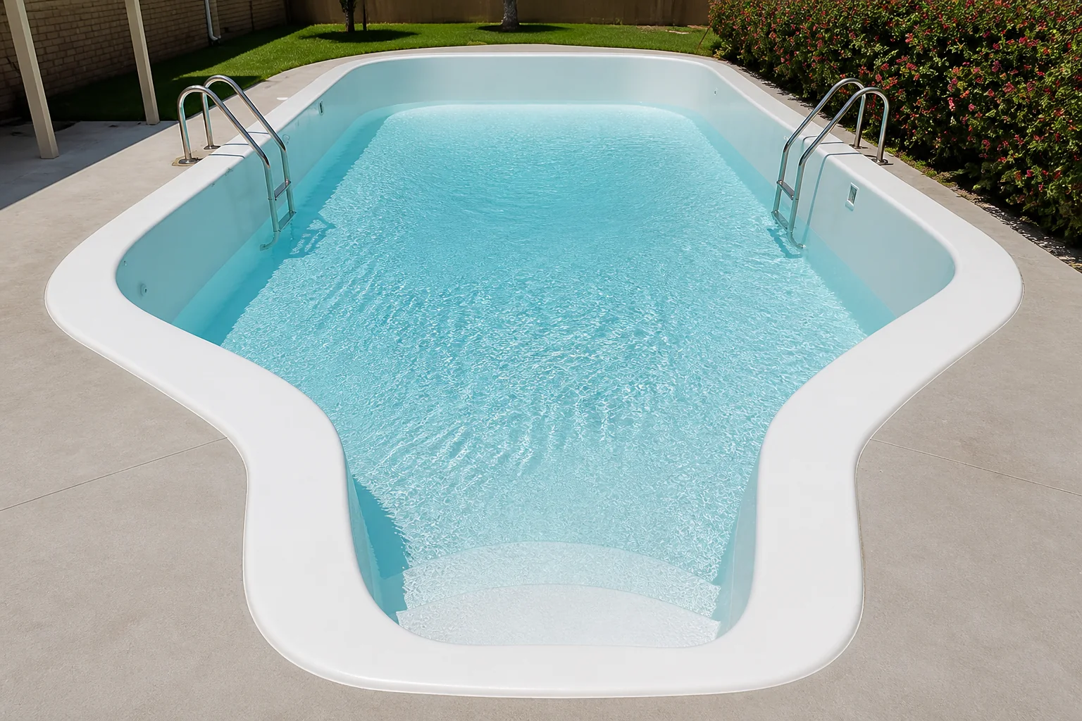 White fiberglass finish with dual handrails and a tidy completed deck