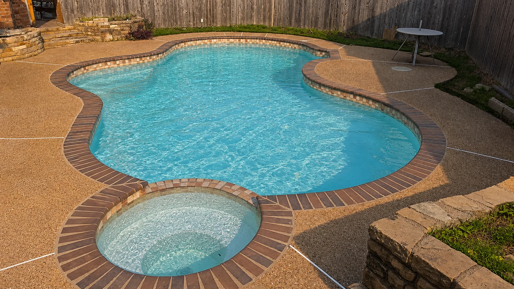 Finished kidney-shaped pool and attached spa with brick coping