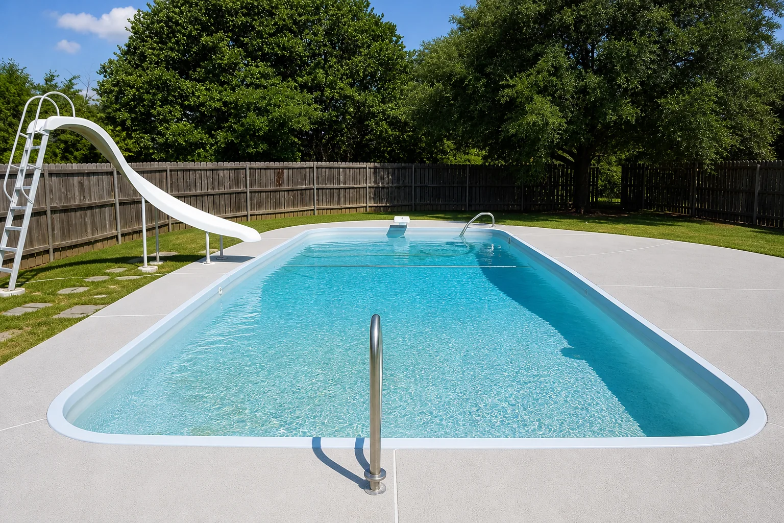 Freshly filled backyard pool with clear water and restored light-blue finish